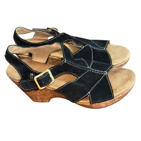 Clarks Black Suede Liz Park Cork Wedge Sandals Size 7 - Picture 1 of 7